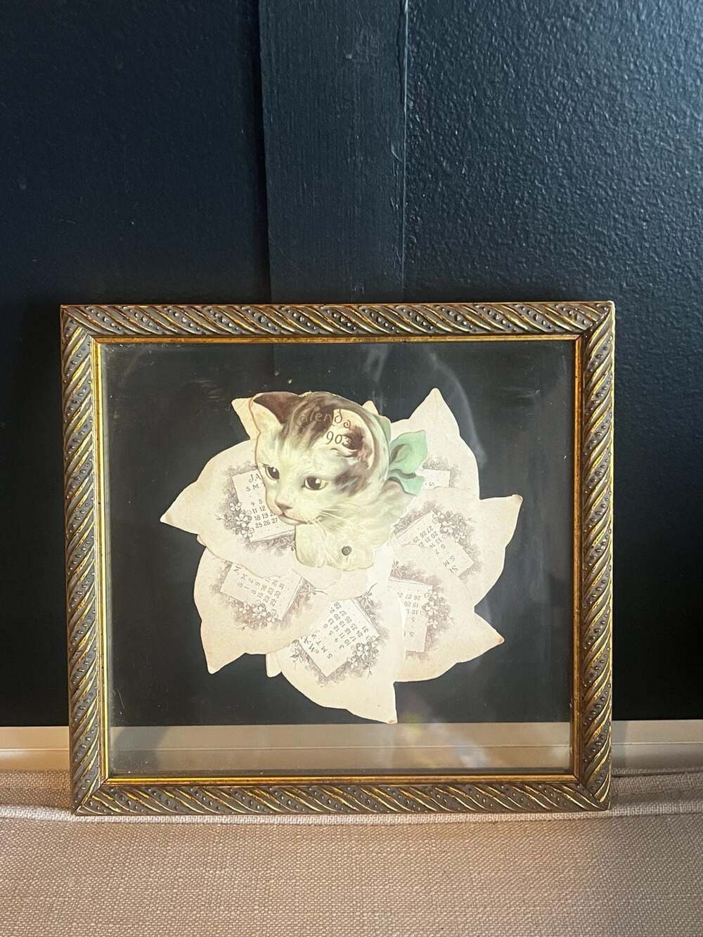 Vintage Victorian Die Cut Cat Calendar Framed Art